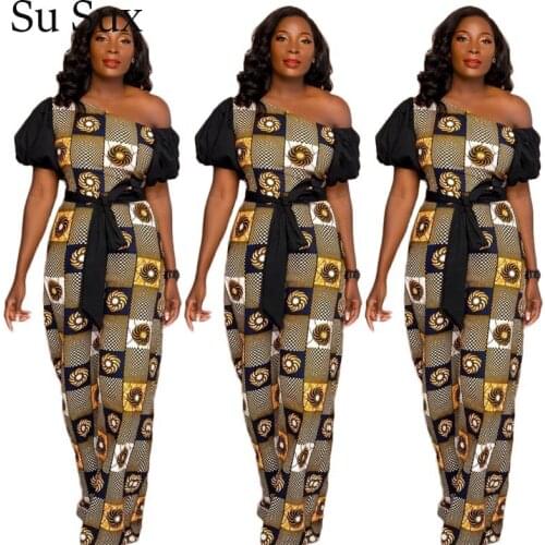 Print Jumpsuit Women Rompers African Clothes Ethnic Style Africa Clothing Short Sleeve Long Pants Jumpsuit Belt 2020