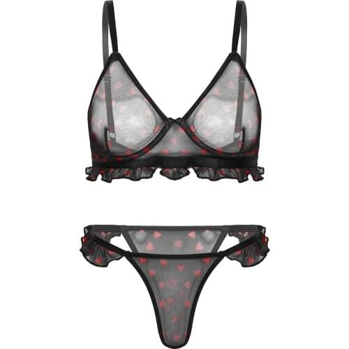 Womenss Sexy Heart Prints Lingerie Set See-Through Mesh Hollow Out Bikini Underwear cUnder-wired Bra with T-back Briefs