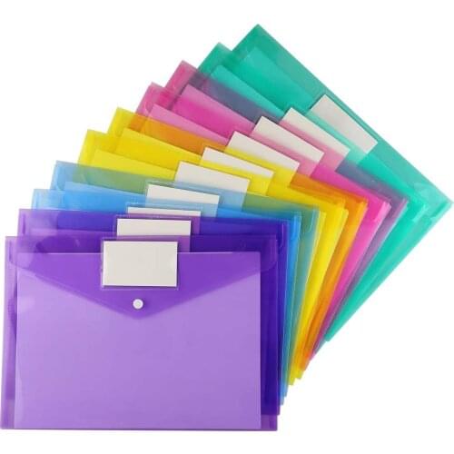 5pcs A4 Size Plastic Envelopes Clear Document File Envelope Folders with Label Pocket & Snap for School Home Office Supplies