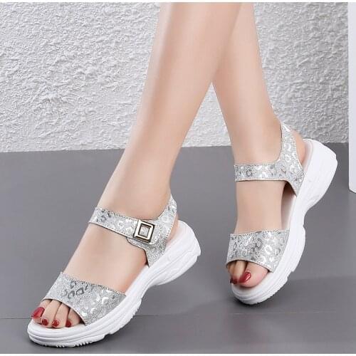 Summer Fashion Women Sandals Upper vanp Is Leopard Glitter Material Of Ladies Sandals height Increasing 4.5cm Sandals For Women