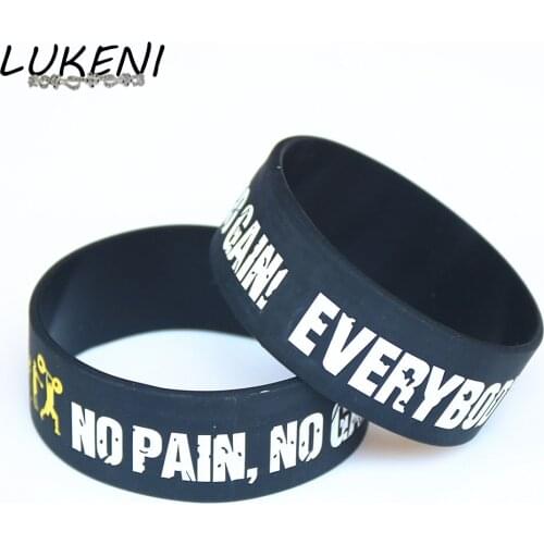 LUKENI Hot Sale 25PCS Wide Band Everybody Fit No Pain No Gain Silicone Wristband Motto Rubber Bracelets & Bangles Gift SH078