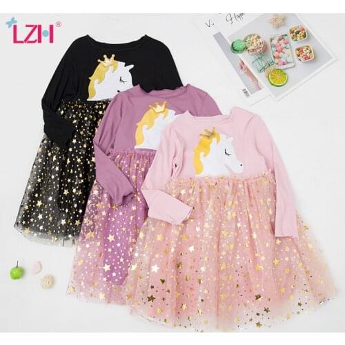 LZH 2021 Unicorn Dresses For Girls Autumn Clothing For Childrens Long Sleeves Princess Dress Net Yarn Stitching Kids Costume