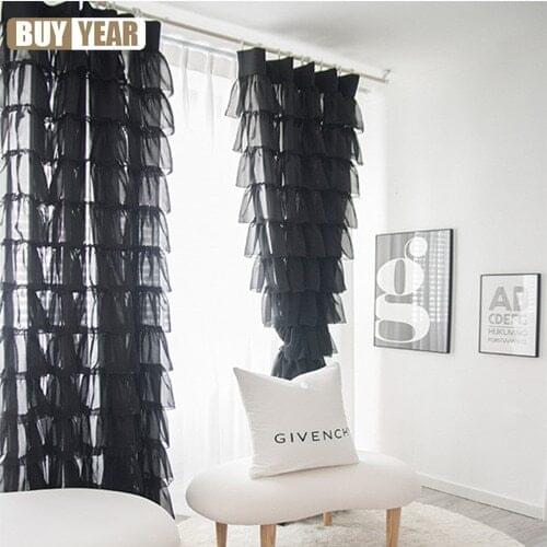 Korean Style Black and White Cake Layered Bubble Curtains for Living Room Multilayer Lace Gauze Fitting Door Curtain