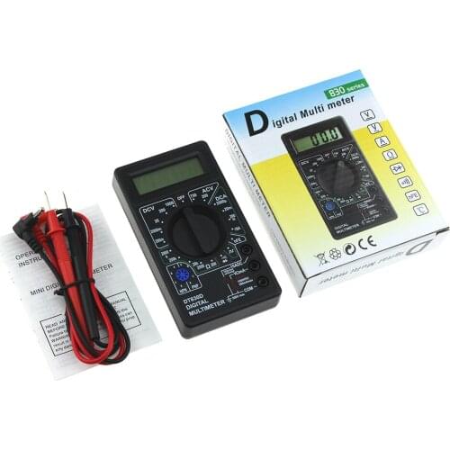DT-830D Mini Digital Multimeter with Buzzer Overload protection Voltage Ampere Ohm Meter Test Probe DC AC LCD Yellow