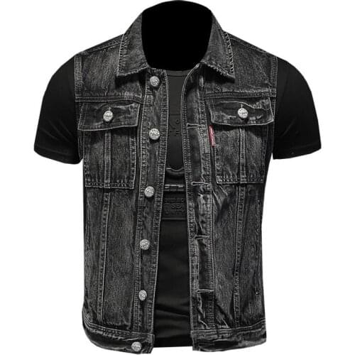 Jean Jacket Men Denim Vest Coats Black Slim Lapel Collar Pocket Sleeveless Moto Bomber Style Black Waistcoat Coat Cowboy Brand
