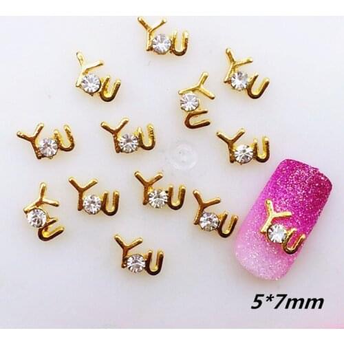 20pcs/pack Japan Alloy Nail Art 3D Gold Letter "You" with Rhinestone Metal Accessories for Phototherapy Nail Sticker DIY