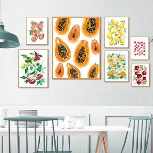 Kitchen Wall Decor Watercolor Fruits Art Canvas Prints Orange Lemon Papaya Peaches Painting Fruit Shop Poster Decorative Picture
