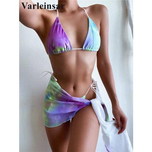 New Tie Dye Bikini Female Swimsuit Women Swimwear Three-pieces Bikini set With Sarong Sexy Bather Thong Bathing Suit Swim V2493