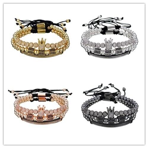 2021 New Style Charm Crown Crystal Ball Cz Zircon Double Moon & Hexagon Connected Copper Bead Beaded Adjustable Unisex Bracelet