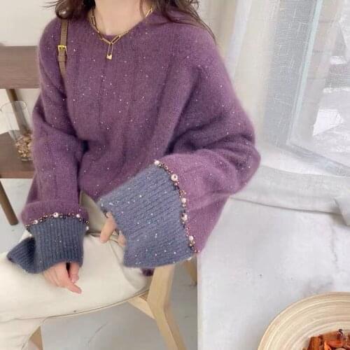 New winter thicken simple solid sweater elegant termperament patchwork streetwear mohair soft comnfort knitwear 2020 winter pull