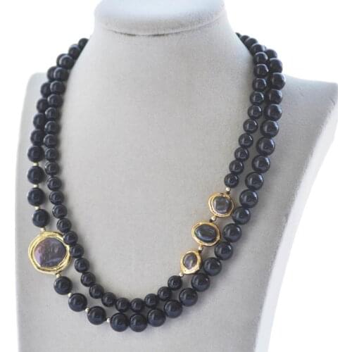 Z11093 2Row 19" 23mm Black Coin Gold plated Pearl Agate Bead Necklace Choker