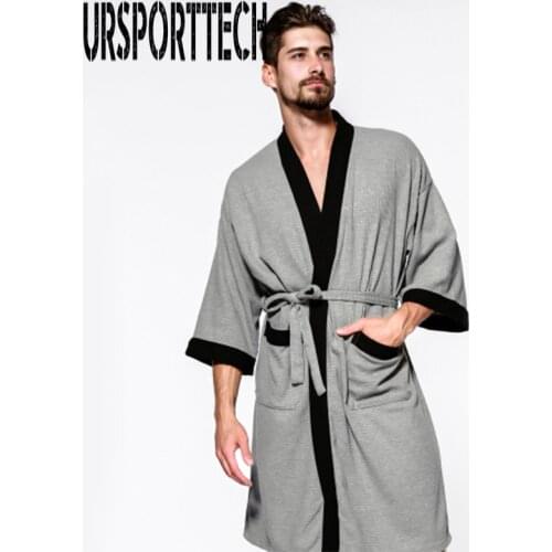 Casual Waffle Knit Cotton Male Robes Bathrobes Long-sleeved Sauna SPA Bathrobes Roupao Lovers Kimono Pajama Robes Man Nightgown