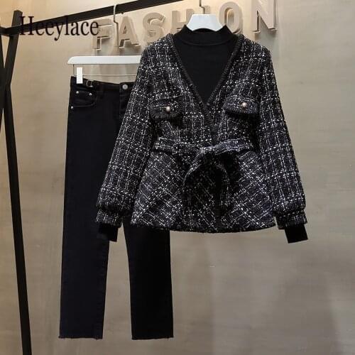 Plus size women winter 3 pieces set streetwear black sweater+tweed long sleeve coat and denim long trousers suits women clothes