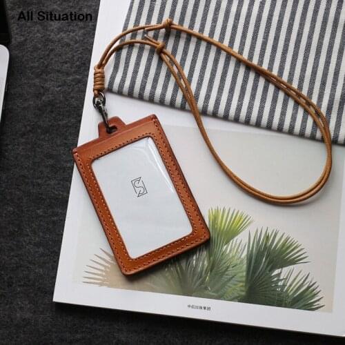 Luxury ID Badge Card Set First Layer Cow Leather Top Quality Luggage Tag Identity Lanyard Retractable Neck Strap For Teacher