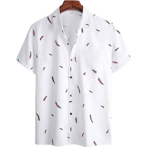 Summer Feather print Men Shirt Short Sleeve white Casual Beach Hawaiian shirts for men Streetwear Camisa para hombre Eu Size