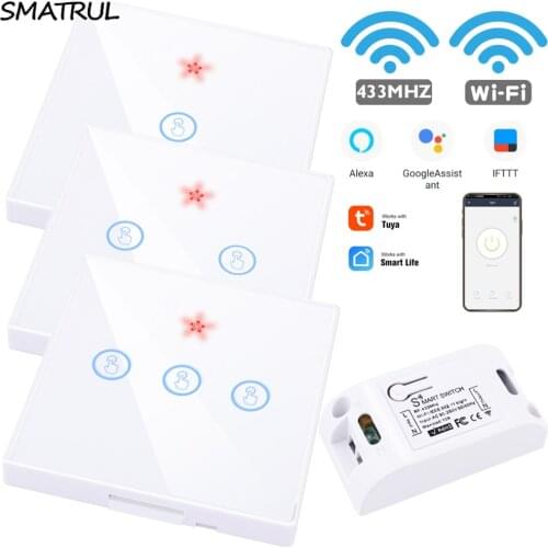 SMATRUL Tuya Smart Life APP WiFi TOUCH Switch Light RF 433Mhz Wall Panel DIY Relay Timer Home Amazon Alexa Socket lamp 90-250V