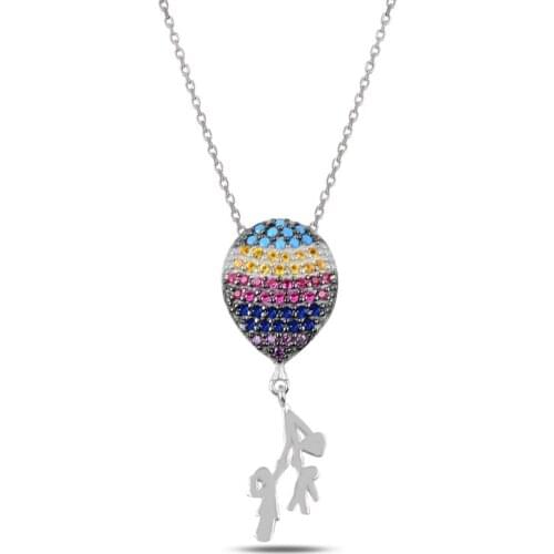 Silverlina Silver Zircon Stone Balloon Holding Child Necklace