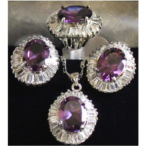 New Tibetan silver natural zircon 5 colors purple Pink, green Blue and yellow pendant earrings ring set