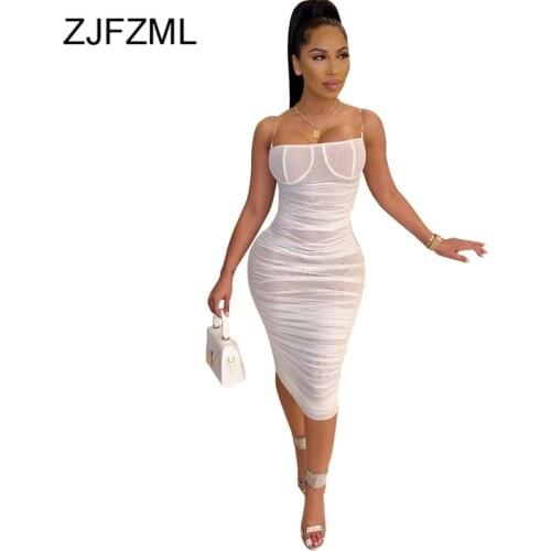 Spaghetti Strap Sexy Club Party Dress Women Black Sheer Mesh Splice See Through Dress Elegant White Backless Ruched Sheath Dress
