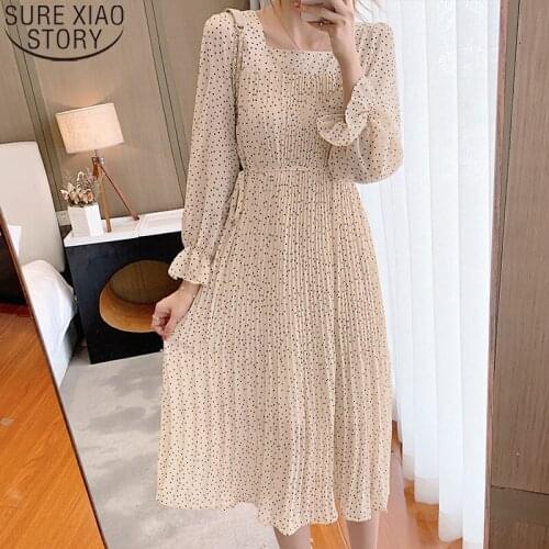Vintage Dot Print Dress Plus Size Dresses Office Lady A-line Apricot Chiffon Pleated Dress Women Square Collar Long Sleeve 11587