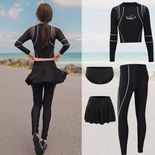 Womens 4pcs Crop Long Sleeve Shirt Mesh with Tights Skirt Swim Surf Dive Basic Skins Sport Suits Yoga Athletic Jogging Sun Suits