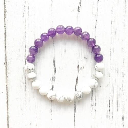 Fashion Womens Bracelet Natural Stone Purple Quartz & Howlite Bracelet Round Beads Yoga Mala Bracelets Wrist Prayer Jewelry