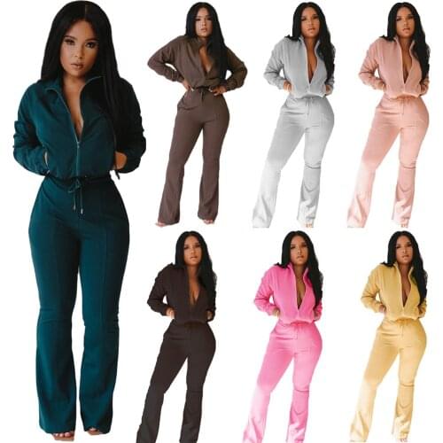 Two Piece Set Women Sportswear Zipper V Neck Long Sleeve Top+Drawstring Long Flare Pants Set Female Running Outfits Tracksuit