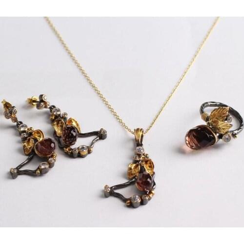 Zultanite Leaf Jewelry Set Gold Plated, Woman Delicate Silver Zultanite Ring+Necklace+Earrings, Handmade Woman Silver