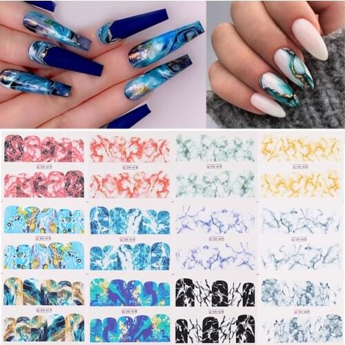 12pcs Gradient Marble Water Nail Stickers Flower Letter Leopard Cartoons Sliders For Nails Water Transfer Decals Decoration