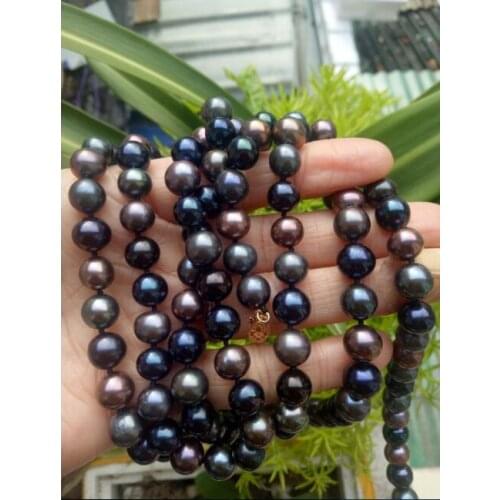 50" Elegant 9-10mm tahitian multicolor black green pearl necklace Yellow clasp