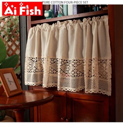American Country Beige Cloth with Crochet Hollow Cotton Linen Kitchen Curtains Home Garden Partition Short Curtain For Door#4