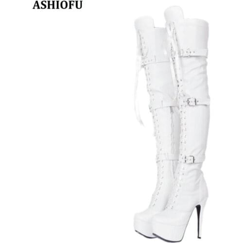 ASHIOFU Handmade Womens Over Knee Boots Cross Shoelace Sexy Wedding Party Thigh High Boots Platform Fashion Evening Boots Shoes