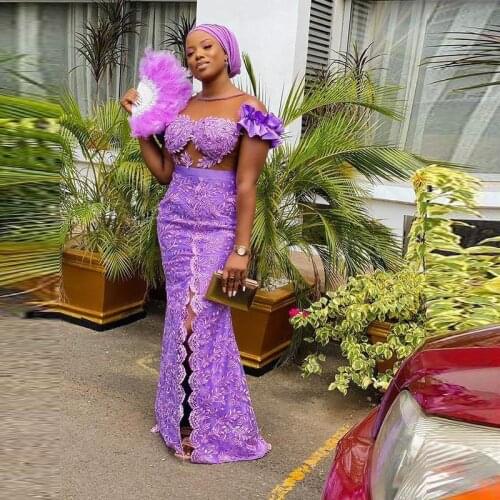 Aso Ebi Purple Prom Dresses With Sheer O Neck Front Split Mermaid Evening Dress Plus Size Lace Long Sleeves Black Girls Vestidos