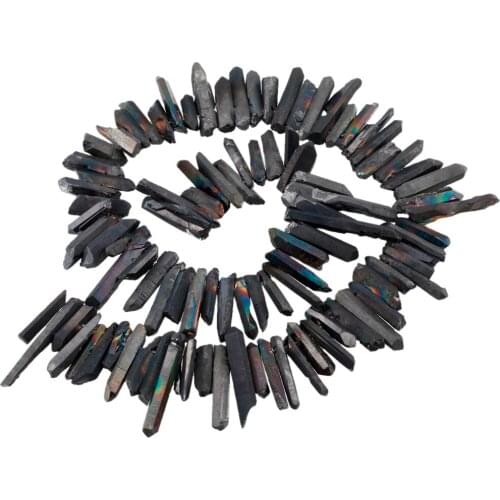 TUMBEELLUWA Black Titanium Coated Crystal Points Quartz Rough Sticks Spikes Point Beads 16 inch Strand Drilled