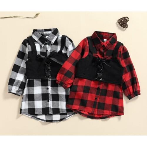 Children Kid Girls Casual Two-piece Clothes Set, Plaid Printed Pattern Balloon Sleeve Dress and Black Tie-up Vest