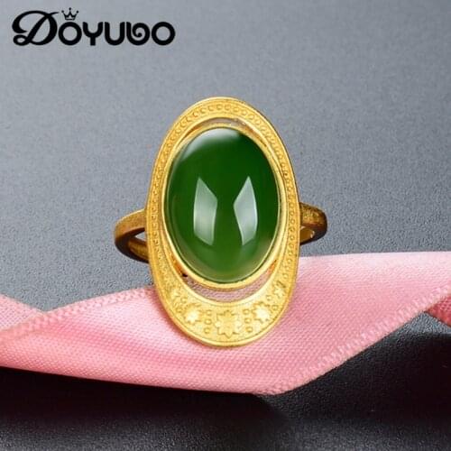 DOYUBO Luxury Womens Sterling Silver Sargin Ring Lady Green Oval Jasper Engagement Ring Pure Silver Fine Jewelry VB446