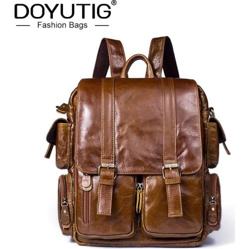 DOYUTIG Vintage Casual Men Genuine Leather Luggage Backpack Male Fashion Multifunctional Single Shoulder Satchel Knapsack H082