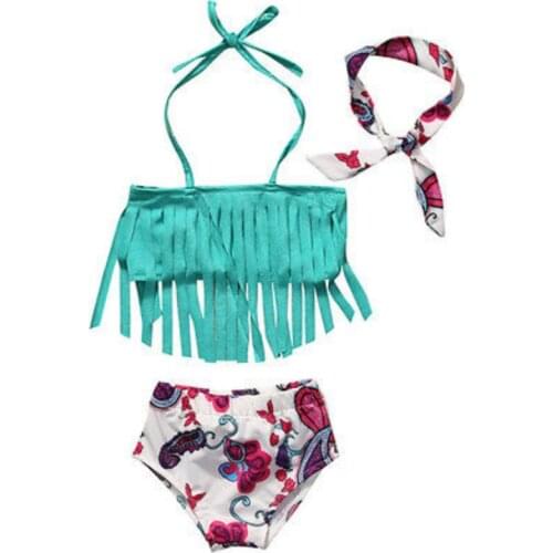 Emmababy 3pcs!!Children Baby Girl Tankini Bikini Suit Tassel Floral Swimwear Swimsuit Headband Bathing Costume