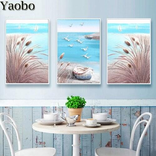 Ocean Blue Sea Boat landscape Diamond Mosaic 3 Piece 5D Diy Diamond Painting Rhinestone Picture Diamond Embroidery Cross Stitch