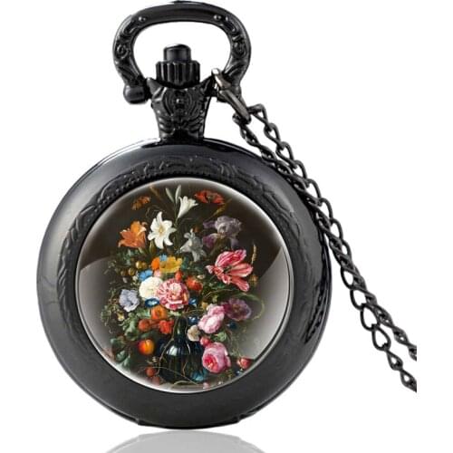 Classic Pretty Flowers Design Black Vintage Quartz Pocket Watch Men Women Charm Pendant Necklace Hours Clock Gifts