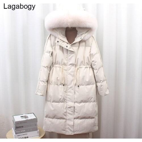 Lagabogy 2021 Winter Women White Duck Down Long Parkas Real Natural Fox Fur Collar Female Thick Warm Coat Hooded Puffer Jackets