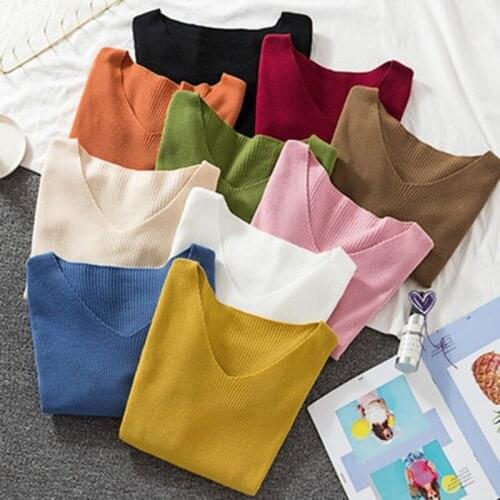 Fashion Autumn Sweater Women Pullover Elastic Knitted Jumper Long Sleeve V-neck Winter Basic Female Top Knitwear Sueter Mujer