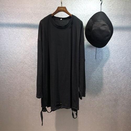 Autumn original personality hole irregular hem long solid color round neck T-shirt mens trend high street loose base