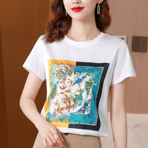 The New Fashion Satin printing T-shirt Tops Women Short Sleeve Casual O Neck Large size M-3XL