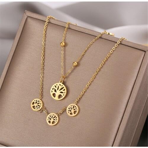 316L Stainless Steel Wishing Tree Coin Necklace Long Life Tree Pendant Double Ladies Necklace No Fade