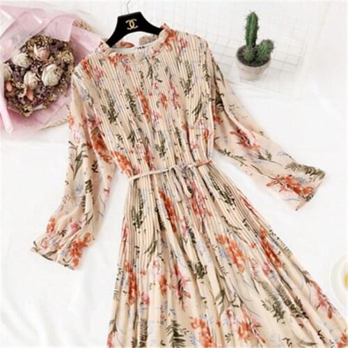 Spring French retro dress ladies long sleeves spring Big size female trumpet sleeves chiffon printed 2019 summer womens dress