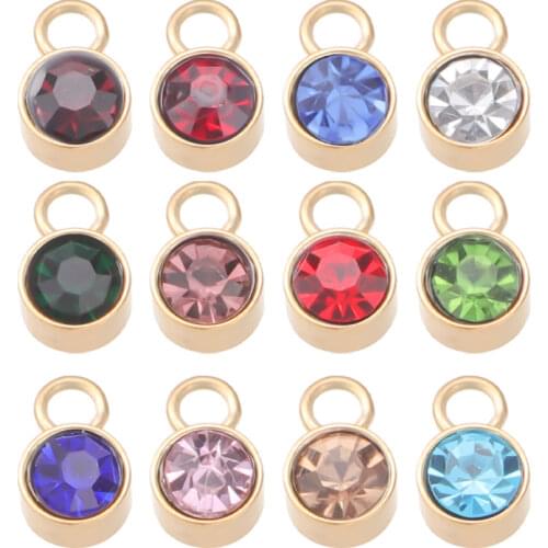Fnixtar Stainless Steel Crystal Pendant Rose Gold Color 12 Birthstone Charm Round 6mm Rhinestones Charms 60piece/lot