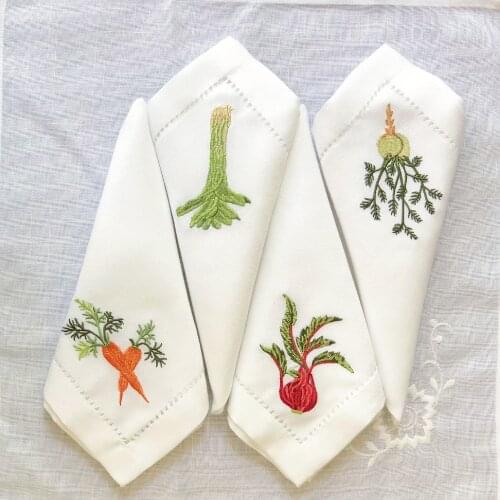 RD2103 Vegetable Napkins Hemstitched Embroidery, Linen Look, Table decor, Beetroot, Fennel, Carrot,Home/Airbnb/Banquets/Hotel