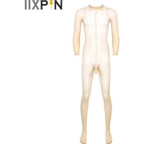 Mens Sexy Underwear Erotic See Through Sheer Full Body Stocking Long Sleeves Open Penis Sheath Design Closed Toes Body Pantyhose