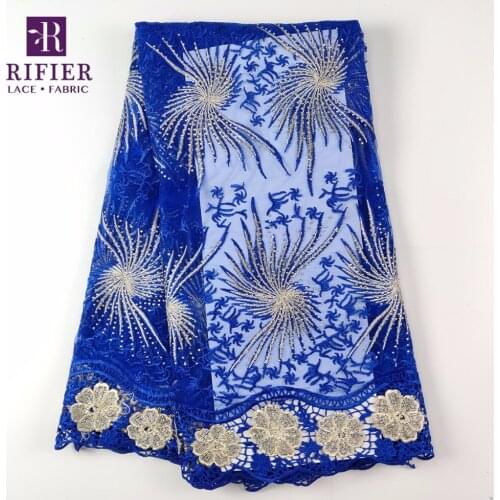 Rhinestones African French Mesh Tulle Lace Fabric Royal Blue Embroidered Guipure Net Lace With Water Soluble Style Wedding Laces